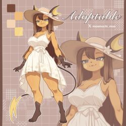 1girl :3 animal_ears animal_feet animal_nose breasts brown_eyes brown_fur cleavage closed_mouth colored_skin dress full_body furry furry_female gen_1_pokemon hat highres humanization large_breasts long_hair looking_at_viewer moomochi_moo multicolored_fur nintendo orange_fur pokemon raichu smile standing sun_hat sundress tail white_fur
