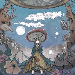 1girl album_cover bare_shoulders bare_tree blonde_hair blue_robe bow breasts chain cloud cover cross-laced_clothes cross-laced_dress deer_head detached_sleeves dress english_text feet_out_of_frame floral_print flower frilled_dress frilled_sleeves frills from_below highres holding holding_mushroom ichika_nito key lace lace-trimmed_sash lace-trimmed_shirt lace_trim leaf long_sleeves looking_up medium_hair mushroom mushroom_umbrella muted_color no_pupils noka_works open_clothes open_robe original outdoors plant red_bow robe shirt small_breasts solo standing tree very_long_robe vines waist_bow white_shirt witch_print yellow_dress
