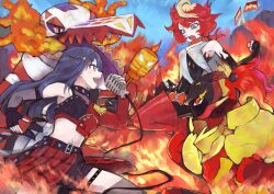 2girls armarouge black_gloves black_hair commentary crossover dive!_(love_live!) fingerless_gloves fire gloves grey_eyes long_hair love_live! love_live!_nijigasaki_high_school_idol_club mela_(pokemon) midriff multiple_girls navel nintendo orange-pengin pokemon pokemon_sv red_hair single_glove single_sleeve skeledirge yuki_setsuna