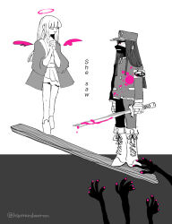 Rule 34 | 1boy, 1girl, ahirumamire, armband, bandaged hand, bandages, black mask, blood, blood on clothes, blood splatter, bloody weapon, blunt bangs, boots, closed eyes, closed mouth, commentary request, covered mouth, danganronpa (series), danganronpa v3: killing harmony, detached wings, english text, frills, full body, gakuran, greyscale, halo, hat, holding, holding sword, holding weapon, jacket, jewelry, knee boots, long hair, long sleeves, low twintails, mask, monochrome, mouth mask, own hands together, pants, pink blood, plank, praying, school uniform, shinguji korekiyo, simple background, skirt, smile, spoilers, spot color, standing, sword, twintails, twitter username, weapon, wings, yonaga angie