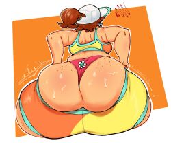 1girl ass ass_focus brown_hair clothes_pull earrings freckles hat highres huge_ass jewelry kaboodledoodles mario_(series) mario_kart mario_kart_world nintendo official_alternate_costume orange_shorts panties princess_daisy princess_daisy_(swimwear)_(mario_kart_world) red_panties short_hair shorts shorts_pull sports_bra sweat two-tone_shorts underwear white_hat yellow_shorts