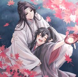 2boys :d ^_^ ahoge alcohol arm_up autumn_leaves black_hair black_hanfu blush chinese_clothes closed_eyes closed_mouth couple cup falling_leaves from_above grass hair_between_eyes hand_in_another&#039;s_hair hanfu headband high_ponytail highres holding holding_another&#039;s_arm holding_cup hug lan_wangji lap_pillow leaf long_hair long_sleeves looking_at_another lying lying_on_person male_focus maple_leaf modao_zushi multiple_boys on_back on_grass open_mouth outdoors outstretched_arm parted_bangs ponytail robe sakazuki semiusa1010 sidelocks sitting smile teeth topknot upper_teeth_only wei_wuxian white_hanfu white_headband wide_sleeves yaoi yellow_eyes