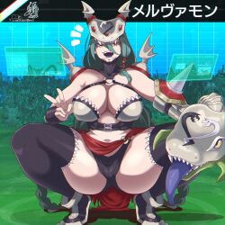 1girl :d ankle_boots aqua_hair armor belt bike_shorts bikini bikini_armor black_belt black_boots black_thighhighs boots braid breasts cape character_name cleavage collarbone commentary dclaret digimon digimon_(creature) english_commentary hair_between_eyes hair_ribbon helmet highres large_breasts living_weapon long_hair looking_at_viewer mervamon navel notice_lines o-ring o-ring_top open_mouth red_cape ribbon shadow sharp_teeth shoulder_pads shoulder_spikes sidelocks skindentation smile solo_focus spikes squatting stomach swimsuit teeth thighhighs tongue tongue_out tress_ribbon twin_braids twitter_username v very_long_hair waist_cape white_bikini winged_helmet yellow_eyes