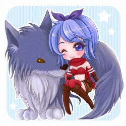 1girl alternate_color blue_background blue_eyes blue_hair blush boots bow brown_boots brown_shorts chibi chibi_only closed_mouth commentary_request elbow_gloves full_body gloves hair_bow looking_at_viewer midriff navel one_eye_closed purple_bow ragnarok_online ranger_(ragnarok_online) red_gloves red_scarf red_thighhighs red_tube_top scarf short_hair shorts sitting smile solo star_(symbol) strapless thighhighs tiako tube_top wolf
