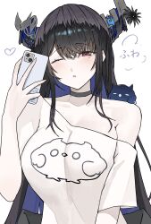 1girl ;o absurdres animal animal_on_shoulder asymmetrical_horns bird bird_on_shoulder black_hair blue_hair breasts cellphone colored_inner_hair crystal_horns demon_horns ewn flower hair_ornament highres holding holding_phone hololive hololive_english horn_flower horns jailbird_(nerissa_ravencroft) large_breasts long_hair looking_at_phone looking_at_viewer mole mole_under_eye multicolored_hair nerissa_ravencroft one_eye_closed phone red_eyes selfie shirt smartphone smile taking_picture two-tone_hair uneven_horns very_long_hair virtual_youtuber white_shirt