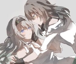 2girls black_gloves black_hairband black_straps blush firefly_(honkai:_star_rail) gloves gradient_eyes gradient_hair green_pupils grey_hair hair_between_eyes hair_intakes hair_tie hairband hand_on_another&#039;s_face highres holding_hands honkai:_star_rail honkai_(series) long_hair minutes_(minutes_draw) multicolored_eyes multicolored_hair multiple_girls open_mouth shirt simple_background stelle_(honkai:_star_rail) trailblazer_(honkai:_star_rail) white_background white_shirt yellow_eyes yuri