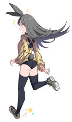 1girl :d ^^^ animal_ears animal_print artworks/80436175 ass black_buruma black_hair black_shoes black_thighhighs blush buruma from_behind full_body jacket long_hair long_sleeves looking_at_viewer looking_back open_mouth original rabbit_ears rabbit_girl rabbit_print rabbit_tail red_eyes running saiste shoe_soles shoes smile sneakers solo star_(symbol) tail thighhighs track_jacket yellow_jacket