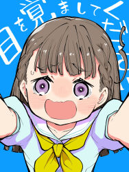1girl blue_background blue_dress blush braid brown_hair center-flap_bangs commentary_request dress hasu_no_sora_school_uniform kachimachi_kosuzu link!_like!_love_live! long_hair looking_at_viewer love_live! neckerchief nose_blush open_mouth puffy_short_sleeves puffy_sleeves purple_eyes raised_inner_eyebrows sailor_collar sailor_dress school_uniform short_sleeves side_ahoge side_braids solo translation_request upper_body very_long_hair white_sailor_collar yellow_neckerchief yukiri_takashi