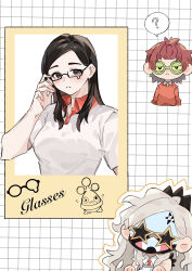 &gt;_o :&lt; ? absurdres adjusting_eyewear black-framed_eyewear black_eyes black_hair blush bonsly breasts brown_hair closed_mouth collared_shirt commentary cropped_torso dafenpipixia english_text eri_(pokemon) facepaint gen_4_pokemon glass green-framed_eyewear grid_background highres long_hair nintendo official_alternate_costume official_alternate_hairstyle one_eye_closed open_mouth outline pokemon pokemon_(creature) pokemon_sv shirt short_hair short_sleeves speech_bubble spoken_question_mark star-shaped_eyewear star_(symbol) sunglasses symbol-only_commentary upper_body white_hair white_shirt yellow-framed_eyewear