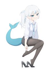 absurdres blue_eyes blue_nails blush feet fins fish_tail flat_chest gawr_gura high_heels highres hololive hololive_english legs long_hair looking_at_viewer office_lady pantyhose ponytail simple_background tail ugaaaa1 unworn_shoe white_background white_hair