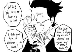 1boy collared_shirt corded_phone deltarune english_text glasses hands_up holding holding_phone male_focus minominoks open_mouth phone pointy_nose shirt short_hair solo spamton_g._spamton speech_bubble tearing_up upper_body
