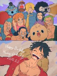 2girls 8boys afro birthday black_hair blonde_hair breasts brook_(one_piece) cleavage closed_eyes dated facial_scar fish_boy franky_(one_piece) green_hair grin happy hat jinbe_(one_piece) monkey_d._luffy multiple_boys multiple_girls nami_(one_piece) necktie nico_robin one_piece open_mouth orange_hair reindeer roronoa_zoro sanji_(one_piece) scar scar_on_cheek scar_on_chest scar_on_face skeleton smile straw_hat teeth telushake_opnk tony_tony_chopper usopp