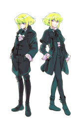 2boys alternate_costume bae_(baebae) bag boots bow bowtie dual_persona earrings frills full_body gloves green_hair half_gloves highres holding_strap jewelry knee_boots lio_fotia long_coat male_focus multiple_boys peacoat promare purple_eyes standing