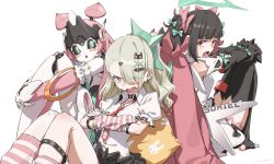 3girls asymmetrical_bangs bandaid bandaid_hair_ornament black_choker black_hair black_sclera black_thighhighs chinatsu_remiel choker collared_shirt colored_sclera crossed_arms earrings green_eyes hair_ornament highres humanoid_robot jewelry joints long_hair multicolored_hair multiple_girls musical_note_earrings necktie open_mouth ponytail red_eyes red_necktie robot robot_ears robot_girl robot_joints rokudu_sariel shirt simple_background sitting striped_arm_warmers sweatdrop thighhighs twintails white_shirt yo_na yutane_johiel zenless_zone_zero