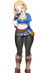 1girl arm_behind_back black_pants blonde_hair blue_tunic blush boots braid brown_boots closed_eyes crown_braid gold_trim hair_ornament hairclip highres nintendo pants pointy_ears princess_zelda short_hair sidelocks smile the_legend_of_zelda the_legend_of_zelda:_tears_of_the_kingdom thick_eyebrows thick_thighs thighs tight_clothes tight_pants tunic v wasabi_(legemd)