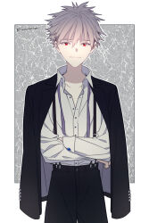 1boy arm_out_of_sleeve black_jacket black_pants closed_mouth collarbone collared_shirt commentary_request crossed_arms dress_shirt grey_hair hair_between_eyes highres jacket jacket_on_shoulders long_sleeves looking_at_viewer male_focus mushi_kei nagisa_kaworu neon_genesis_evangelion open_collar pants popped_collar red_eyes shirt sleeve_cuffs smile solo standing suspenders twitter_username two-sided_fabric two-sided_jacket wing_collar