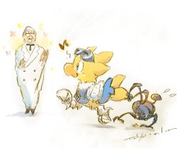 alpha_(ff14) artist_name beak bird blue_eyes chocobo colonel_sanders final_fantasy final_fantasy_xiv flying_sweatdrops goggles goggles_on_head highres itahana_toshiyuki kfc musical_note non-humanoid_robot omega_(final_fantasy) robot tail tail_grab walking yellow_bird