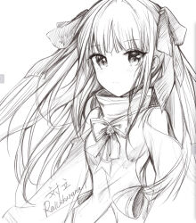 Rule 34 | 1girl, arcaea, artist name, blush, bow, bowtie, breasts, closed mouth, clothing cutout, commentary request, greyscale, hair ribbon, highres, long hair, long sleeves, looking at viewer, medium breasts, monochrome, ribbon, shirt, shoulder cutout, sketch, solo, spade (shape), tairitsu (arcaea), tenten (tianbixia), turtleneck, turtleneck shirt, upper body