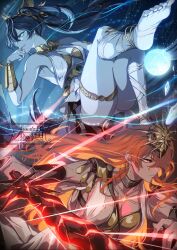 Rule 34 | 2girls, ancient greek clothes, armor, augusta (wuthering waves), bare shoulders, barefoot, black collar, blue eyes, blue hair, bracer, breastplate, breasts, collar, colored inner hair, commentary request, dress, earrings, electricity, gold bra, greco-roman clothes, hand up, head wreath, headgear, highres, holding, holding sword, holding weapon, iuno (wuthering waves), jewelry, long hair, medium breasts, multicolored hair, multiple girls, not tatenaname, orange hair, orb, parted lips, red eyes, split theme, sun earrings, sword, thighlet, thighs, toes, underboob, very long hair, watermark, weapon, white dress, wuthering waves