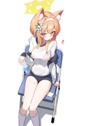 1girl animal_ear_fluff animal_ears blue_archive blue_eyes blush bottle breasts cat_ears covered_erect_nipples flower hair_between_eyes hair_flower hair_ornament halo headband highres holding holding_bottle kneehighs long_hair long_sleeves looking_at_viewer mari_(blue_archive) mari_(track)_(blue_archive) official_alternate_costume open_mouth orange_hair shirt short_shorts shorts simple_background sitting smile socks solo thighs urashima_jiro water_bottle wet wet_clothes wet_shirt white_background white_flower white_headband white_shirt white_socks yellow_halo
