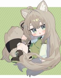 1girl :o ahoge animal_ear_fluff animal_ears bandaid bandaid_on_knee bandaid_on_leg bell between_legs black_necktie black_ribbon black_shoes black_shorts black_skirt black_socks blush boots border borrowed_character brown_hair brown_shoes cat_ears cat_girl cat_tail chibi collared_shirt fang from_side full_body green_background green_eyes green_sweater grey_eyes hair_between_eyes hair_bun hair_ornament hair_ribbon hairclip highres jingle_bell kipfel_(vrchat) knees_up long_hair long_sleeves looking_at_viewer necktie one_side_up open_mouth outside_border puffy_long_sleeves puffy_sleeves ribbon shirt shoes short_shorts shorts simple_background sitting skin_fang skirt socks solo striped_background sweater sweater_vest tail tail_between_legs tail_ornament tofu_vrc very_long_hair vest vrchat white_border white_shirt