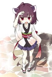 1girl @_@ ahoge brown_hair highres hot japanese_clothes kimono konori_(ahurerukuiizi) medium_hair obi red_eyes sash solo sweat touhoku_kiritan voiceroid