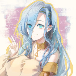1girl 37_(reverse:1999) ancient_greek_clothes armlet baige059 bare_shoulders blue_hair drop_shadow eyes_visible_through_hair gold_choker greco-roman_clothes hair_over_one_eye hand_up highres index_finger_raised jewelry knees_to_chest long_hair reverse:1999 smile solo toga upper_body white_background
