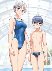 1boy 1girl absurdres age_difference black_male_swimwear blue_one-piece_swimsuit breasts collarbone commentary_request competition_swimsuit covered_navel glasses green_eyes grey_hair highleg highleg_one-piece_swimsuit highres indoors male_swimwear medium_breasts mole mole_under_eye multicolored_male_swimwear one-piece_swimsuit onee-shota original parted_lips standing striped_clothes striped_one-piece_swimsuit swim_briefs swimsuit takafumi variant_set
