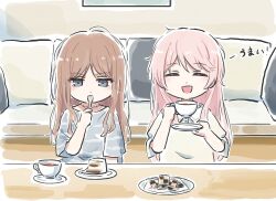 2girls bang_dream! bang_dream!_it&#039;s_mygo!!!!! blue_eyes blush brown_hair chihaya_anon closed_eyes commentary_request cookie cup fang food fork grey_shirt holding holding_cup holding_fork long_hair lyy messy_hair multiple_girls nagasaki_soyo open_mouth pink_hair shirt sitting translation_request
