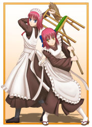 2girls angry apron black_shoes black_socks blue_bow blue_eyes bow broom hair_bow highres hisui_(tsukihime) holding holding_broom holding_weapon kohaku_(tsukihime) long_sleeves maid maid_apron maid_headdress multiple_girls red_hair ribbon robin_gunawan sandals shoes short_hair siblings sisters smile socks tsukihime twins weapon white_apron white_socks yellow_eyes