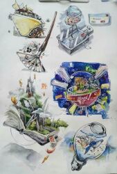 1boy aircraft black_hair black_pants book bookshelf building buttons cardiogram carpet chair chinese_commentary cloud coat commentary_request cursor dated error_message folding_fan food grass grey_coat hand_fan hermit_crab hot_air_balloon kong_tiao_bo_zi light_bulb long_sleeves mountain open_book original painting_(medium) pants petals photo_(medium) planet red_scarf rose_petals sandwich scarf shadow short_hair signature skyscraper solo space standing telescope torii traditional_media turning_page water watercolor_(medium) waterfall wide_shot