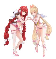 Rule 34 | 2girls, absurdres, ahoge, alice thymefield, alternate costume, angel wings, animal ears, bikini, bikini skirt, blonde hair, blush, bow, braid, commentary request, frilled bikini, frills, full body, green eyes, grin, hair bow, heart, heart hands, heart hands duo, heterochromia, high heels, highres, kamanosuke (zenless zone zero), long hair, looking at viewer, low twintails, malsuk, mini wings, multiple girls, navel, pink bikini, pink bow, pink shoes, rabbit ears, rabbit girl, rabbit tail, red eyes, red hair, shoes, side-tie bikini bottom, simple background, single thighhigh, smile, sphere hair ornament, stomach, swimsuit, tail, tanuki, teeth, thigh strap, thighhighs, twin braids, twintails, ukinami yuzuha, very long hair, white background, white bow, white thighhighs, white wings, wings, yellow eyes, zenless zone zero