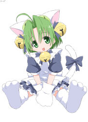 1girl absurdres animal_hands animal_hat apron bell between_legs bow cat_hat cat_tail curtained_hair cynical_(llcbluckg_c004) dejiko di_gi_charat dot_nose full_body gloves green_eyes green_hair hair_bell hair_ornament hand_between_legs hat highres jingle_bell mittens neck_bell open_mouth own_hands_together paw_gloves puffy_short_sleeves puffy_sleeves short_hair short_sleeves sitting solo tail tail_bow tail_ornament v_arms white_apron white_mittens