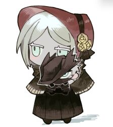1boy 1girl anse1289567 blonde_hair bloodborne blue_eyes bonnet brown_cloak chibi cloak green_eyes holding hunter_(bloodborne) lolita_fashion plain_doll red_bonnet