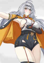 1girl absurdres ahoge armpits black_shorts blush breasts commentary english_commentary falihfadh75 garter_straps grabbing_own_breast grey_background hair_ornament high-waist_shorts highres jacket large_breasts long_hair shirt shorts sideboob simple_background solo thighs white_hair white_shirt yellow_jacket yi_xuan_(zenless_zone_zero) zenless_zone_zero