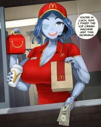 1girl blue_eyes blue_hair blue_skin breasts cleavage colored_skin dismaiden drive-thru elden_ring employee_uniform english_text extra_arms fast_food fast_food_uniform food happy_meal headset huge_breasts ice_cream large_breasts looking_at_viewer mcdonald&#039;s microphone open_mouth polo_shirt ranni_the_witch red_shirt shirt short_sleeves solo source_request unbuttoned unbuttoned_shirt