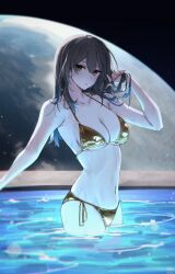 1girl absurdres armpit_crease bare_shoulders bikini breasts cleavage collarbone commentary english_commentary feint721 fingernails golden_week_bikini grey_hair hand_up highres honkai:_star_rail honkai_(series) large_breasts long_hair looking_at_viewer nail_polish navel parted_lips pool side-tie_bikini_bottom solo stelle_(honkai:_star_rail) stomach swimsuit trailblazer_(honkai:_star_rail) wading water wet yellow_eyes yellow_nails
