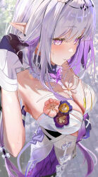 1girl absurdres artist_logo bare_shoulders blush breasts castorice_(honkai:_star_rail) commentary_request dress gloves hand_up highres honkai:_star_rail honkai_(series) kabu_usagi large_breasts logo long_hair looking_ahead outdoors paid_reward_available parted_lips pointy_ears purple_eyes purple_gloves purple_hair solo sweat very_long_hair white_dress