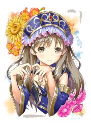 Rule 34 | 1girl, absurdres, atelier (series), atelier magnolia, atelier meruru, brown eyes, brown hair, closed mouth, commentary request, eyelashes, flower, gem, heart, heart hands, highres, long hair, looking at viewer, pink flower, red gemstone, smile, solo, totooria helmold, white background, yellow flower