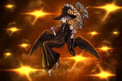 1girl agrat_bat_mahlat_(megami_tensei) black_dress black_hat black_wings closed_mouth colored_sclera detached_sleeves doll_joints dress feathered_wings grey_hair hat highres holding holding_umbrella joints looking_at_viewer pale_skin parasol pointy_ears red_eyes red_sclera sethkiel shin_megami_tensei shin_megami_tensei_v shin_megami_tensei_v:_vengeance short_hair solo umbrella wide_sleeves wings witch witch_hat