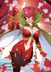 1girl absurdres artist_logo artist_name autumn blonde_hair bodysuit boots breasts cape chest_jewel cleavage curvy day digimon edo_nova falling_leaves falling_petals forest gloves green_cape highres instagram_username jewelry large_breasts leaf leg_up lips lipstick logo low_neckline makeup mask mask_on_head midriff nature navel patreon_username petals red_bodysuit red_gloves rosemon shiny_clothes sleeveless smile thick_thighs thigh_boots thigh_gap thighs thorns tifaret_(digimon) twitter_username two-tone_cape white_cape