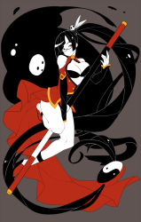 1girl absurdly_long_hair arakune bare_shoulders black_hair blazblue breasts china_dress chinese_clothes cleavage cleavage_cutout clothing_cutout dress flat_color full_body glasses hair_ornament lao_jiu large_breasts litchi_faye_ling long_hair makai monster panda polearm ponytail red_eyes semi-rimless_eyewear smile solo_focus staff under-rim_eyewear very_long_hair weapon yin_yang