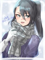 Rule 34 | 1girl, artist name, black eyes, black hair, gloves, grey scarf, highres, jacket, kantai collection, long hair, looking at viewer, nachi (kancolle), one-hour drawing challenge, plaid clothes, plaid scarf, purple jacket, scarf, side ponytail, snowflakes, solo, twitter username, upper body, white gloves, wiwo
