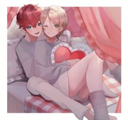 2boys amagi_hiiro arms_around_waist bed bed_sheet blonde_hair blue_eyes canopy_bed cuddling ensemble_stars! frilled_pillow frills green_eyes grey_shirt grey_socks hair_between_eyes hand_grab heart heart-shaped_pillow highres hug leaning_on_person long_sleeves looking_at_viewer male_focus matching_outfits medium_hair multiple_boys na_77_pq on_bed one_eye_closed open_mouth pants parted_bangs pillow red_eyes shiratori_aira_(ensemble_stars!) shirt short_hair shorts smile socks white_pants white_shorts white_socks