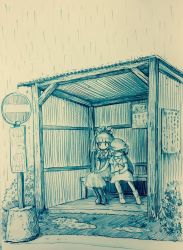 2girls arinu backpack bag boots bus_stop bush commentary_request dress closed_eyes front_ponytail hair_ribbon hat highres kagiyama_hina kawashiro_nitori key long_hair monochrome multiple_girls outdoors rain ribbon road_sign sign sitting sleeping touhou
