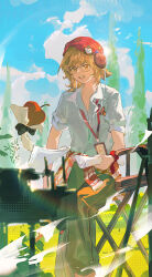 1girl :d absurdres apple apple_(reverse:1999) beret black_bow black_bowtie blue_sky bow bowtie breast_pocket brown_hair clothes_around_waist cloud day feet_out_of_frame food fruit glasses green_pants hat headphones highres holding holding_paper id_card lanyard object_in_pocket official_alternate_costume open_mouth orange_eyes outdoors pants paper paper_roll pen_in_pocket pocket red_hat regulus_(reverse:1999) reverse:1999 shirt short_hair short_sleeves sitting sky smile solo traditional_bowtie tree white_shirt yi_fen_ta