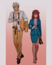 1boy 1girl amuro_ray averting_eyes barefoot belt black_belt black_shoes blonde_hair blue_eyes blue_jacket blue_sky breasts brown_hair brown_necktie char&#039;s_counterattack char_aznable cleavage closed_mouth collared_shirt commentary_request dirty dirty_clothes dirty_face dressing facing_viewer formal_clothes full_body genderswap genderswap_(mtf) gradient_background gundam hetero high_heels highres holding holding_jacket holding_shoes holding_unworn_clothes implied_after_sex jacket long_hair necktie pants pillarboxed pink_background pumps shirt shoes short_hair simple_background skirt skirt_suit sky suit suit_jacket undone_necktie unworn_jacket unworn_shoes white_shirt yellow_jacket yellow_pants yy0880yy