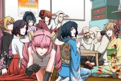3boys 6+girls akiha_rumiho all_fours amane_suzuha animal_ear_hairband animal_ears animal_hood aqua_kimono arm_around_neck bare_shoulders bell black-framed_eyewear black_gloves black_hair black_kimono black_skirt blonde_hair blue_kimono bright_pupils brown_hair character_request closed_eyes commentary_request crossdressing drill_hair elbow_gloves everyone facial_hair fake_animal_ears floral_print floral_print_kimono flower fur_shirt glasses gloves gradient_clothes gradient_kimono green_eyes green_sash hair_between_eyes hair_bun hair_flower hair_ornament hairband hairclip hakama hakama_skirt hiyajou_maho hood horns indoors japanese_clothes jitome kanzashi kimono kiryuu_moeka kosode lab_coat long_hair looking_at_viewer looking_back makise_kurisu miko multiple_boys multiple_girls mustache neck_bell nervous_sweating obi okabe_rintarou on_floor open_mouth parted_lips pink_eyes pink_flower pink_hair ponytail print_kimono purple-framed_eyewear purple_eyes purple_kimono purple_sash rectangular_eyewear red_eyes red_flower red_skirt ringed_eyes sash seiza sheep_ears sheep_hood sheep_horns shiina_mayuri shirt short_hair sitting skirt sleeveless sleeveless_shirt smile steepled_fingers steins;gate sweat sweatdrop table teeth tennouji_yuugo tetsu10ru trap turning_head twin_drills two-tone_kimono upper_teeth_only urushibara_ruka veiny_face white_pupils white_sash white_shirt whiteboard yellow_kimono