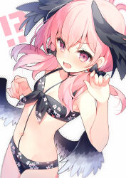 !? 1girl bikini black_bikini black_bow black_wings blue_archive bow breasts cowboy_shot dutch_angle feathered_wings floral_print front-tie_bikini_top front-tie_top hair_between_eyes hair_bow halo hands_up head_wings koharu_(blue_archive) koharu_(swimsuit)_(blue_archive) long_hair looking_at_viewer low_twintails low_wings navel official_alternate_costume open_mouth pink_eyes pink_hair pink_halo print_bikini small_breasts solo spaghetti_strap suimya swimsuit twintails wings
