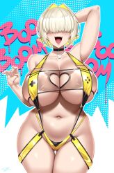1girl arm_behind_head arm_up bikini blush breasts cleavage cleavage_cutout clothing_cutout collar collarbone elegg_(boom_and_shock)_(nikke) elegg_(nikke) fang gluteal_fold goddess_of_victory:_nikke hair_intakes hair_over_eyes highres huge_breasts lips navel open_mouth shiny_skin short_hair slingshot_swimsuit swimsuit thick_thighs thighs tongue twrlare wide_hips yellow_bikini